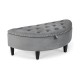 Half-moon storage bench in gray velvet with button tufting and rubber wood legs, ideal for entryways and bedrooms.