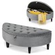 Half-moon storage bench in gray velvet with button tufting and rubber wood legs, perfect for entryways and hidden.