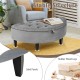 Half-moon storage bench in gray with rubber wood legs, button tufted top, and hidden storage for versatile use.