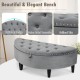 Half-moon storage bench in gray with button tufted top, nailhead trim, and rubber wood legs for stylish organization.