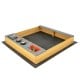 Wooden sandbox with kitchen playset accessories for kids aged 3-8, featuring solid fir wood and a bottomless design.
