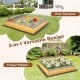 Wooden sandbox with kitchen playset accessories, featuring a 2-in-1 design for kids and flower planting in outdoor.