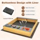 Wooden sandbox with kitchen playset accessories, featuring a bottomless design and durable PP liner for kids aged 3-8.