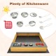 Wooden sandbox with kitchen playset accessories, including stainless steel pots and utensils, ideal for outdoor play.
