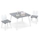 Gray kids chair with a bunny ear backrest, designed for comfort and easy stacking under the table for space-saving.