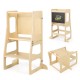 3-in-1 foldable kitchen standing tower for toddlers, made of natural wood, features a chalkboard and safety rail for.