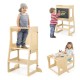 3-in-1 foldable kitchen standing tower for toddlers, natural wood, used as a step stool and chalkboard for family.