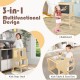 3-in-1 foldable kitchen standing tower for toddlers, featuring a chalkboard and kids table & stool set in natural wood.