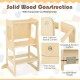 Close-up of the 3-in-1 foldable kitchen standing tower for toddlers, highlighting its smooth wood surface and.