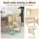 3-in-1 foldable kitchen standing tower for toddlers with anti-tip feet, safety rail, and chalkboard for family.