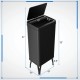 Elevated 13.2-gallon black stainless steel trash can with soft-close lid and detachable support legs for stability.