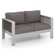 Gray patio aluminum loveseat sofa with thick cushions, featuring a modern design and removable, washable covers for.