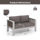 Patio aluminum loveseat sofa dimensions with thick gray cushions, designed for outdoor durability and comfort.