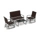 4-piece patio gliding set in brown with wicker surface, cushioned seats, and tempered glass coffee table for outdoor.