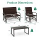 Patio gliding set dimensions showing two chairs and a coffee table, featuring brown wicker and tempered glass for.