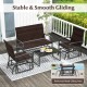 4-piece brown patio gliding set with cushioned seats, tempered glass table, and durable rattan for outdoor relaxation.