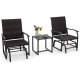 Tempered glass coffee table with a sleek design, complemented by two all-weather brown patio gliding chairs for outdoor.
