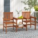 Two-seater outdoor patio furniture set in natural wood with slatted design, featuring a side table and umbrella hole.