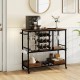 3-tier bar cart on wheels in rustic brown with wine glass racks, bottle holders, and extra storage for home bar use.