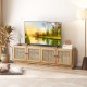 Farmhouse TV stand in oak with PE rattan doors, designed for TVs up to 75 inches, featuring adjustable shelves and.