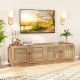 Farmhouse TV stand in oak with PE rattan doors, featuring 4 cabinets and adjustable shelves for TVs up to 75 inches.