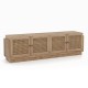 Farmhouse TV stand with PE rattan doors, designed for TVs up to 75 inches, featuring 4 cabinets and adjustable shelves.