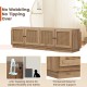 Farmhouse TV stand with PE rattan doors, designed for TVs up to 75 inches, featuring adjustable shelves and.