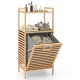 Bamboo tilt-out laundry hamper with removable basket and two shelves for toiletries, perfect for bathrooms and laundry.