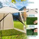Screened canopy tent showing sturdy fiberglass poles and wind rope fixation, ideal for camping and outdoor activities.