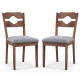 Set of 2 gray fabric upholstered dining chairs with natural rubber wood frame and ergonomic high backrest for comfort.