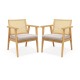 Set of 2 Mid Century Modern accent chairs with breathable rattan backs and soft cushions, perfect for living room decor.