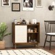 Mid-century rattan buffet sideboard in walnut with sliding door, adjustable shelves, ideal for dining or living room.