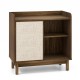 Mid-century rattan buffet sideboard in walnut with sliding door and adjustable shelves for versatile storage.