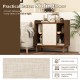 Rattan sliding door detail of the walnut buffet sideboard with adjustable shelves for stylish storage in any room.