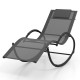 Gray outdoor rocking lounge chair featuring a removable headrest, ergonomic design, and breathable fabric for comfort.