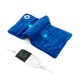 Weighted electric heating pad in blue with massagers, featuring 5 heat settings and 9 massage modes for muscle relief.
