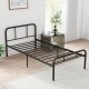 Modern black metal platform bed with headboard and footboard, featuring sturdy slats and extra middle legs for support.