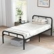 Modern black metal platform bed with headboard and footboard, featuring 12-inch under-bed space for storage.
