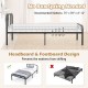 Modern black metal platform bed with headboard and footboard, designed for 4"-12" mattresses, preventing mattress.