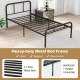 Modern black metal platform bed frame with headboard, featuring 12 sturdy slats for mattress support and stability.