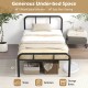 Modern black metal platform bed with 12-inch under-bed space for storage and easy cleaning, featuring headboard and.