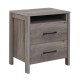 Grey farmhouse nightstand with 2 drawers and open shelf, featuring sturdy construction and smooth metal slides.