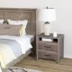 Grey farmhouse nightstand featuring 2 drawers and an open storage shelf, perfect for bedroom or living room use.