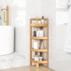 4-tier bamboo corner shelf with natural finish, designed for bathroom storage, featuring slatted shelves and a stable.
