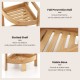 Bamboo corner shelf with slatted shelves, fall prevention rail, and stable base for bathroom storage and organization.