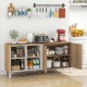 Buffet sideboard with 4 compartments, natural finish, adjustable shelves, and push-to-open doors for kitchen storage.