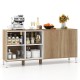 Buffet sideboard with natural wood finish, featuring 4 compartments and push-to-open doors for kitchen or living room.