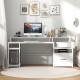 67-inch white computer desk with monitor stand, file drawer, and power outlets, ideal for home office organization.