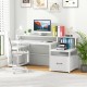67-inch white computer desk with monitor stand, file drawer, and power sockets, ideal for home office organization.