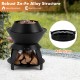 20-inch black patio fire pit with detachable pot holder, made of durable Zn-Fe alloy, perfect for camping and BBQ.